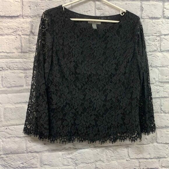 Kate‎ Hill Shirt Womens 10 Black Lace Long Sleeve Blouse - Picture 1 of 11